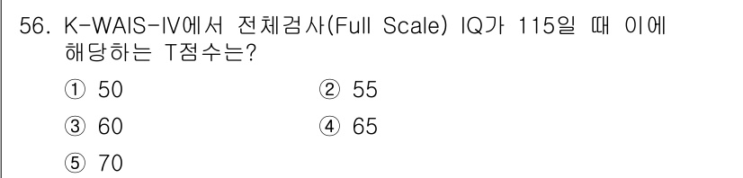 청소년상담사_2급(1교시)(구) 2016년 58번 - K-WAIS-IV의 전체검사 IQ가 115일 때, T점수는 평균 50에서... 에 관한 핵심 기출문제