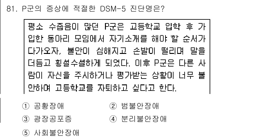 청소년상담사_2급(1교시)(구) 2016년 83번 - P군은 수줍음이 많고 불안감으로 인해 타인과의 상호작용에서 어려움을 겪고... 에 관한 핵심 기출문제