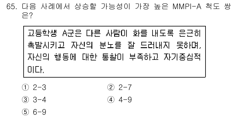 청소년상담사_2급(1교시) 2016년 67번 - 정답 4번이 가장 높은 가능성을 보이는 이유는 고등학생 A군이 다른 사람... 에 관한 핵심 기출문제
