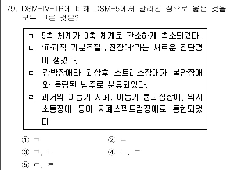 청소년상담사_2급(1교시) 2016년 81번 - 정답인 5번은 DSM-5가 DSM-IV-TR에서 변화한 점으로, 기존의 ... 에 관한 핵심 기출문제