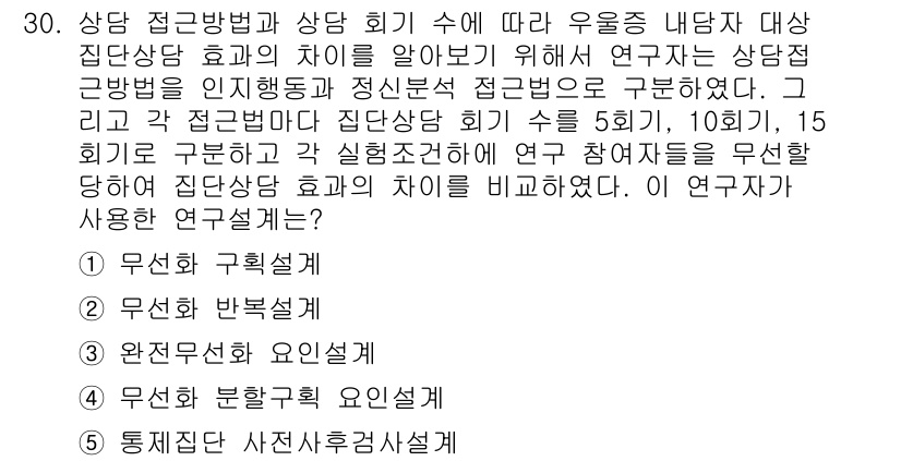 청소년상담사_2급(1교시)(구) 2017년 30번 - 연구자가 상담 접근방법과 상담 회기의 수에 따라 우울증 대상을 비교했으며... 에 관한 핵심 기출문제