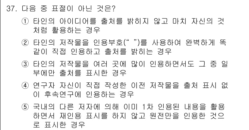 청소년상담사_2급(1교시)(구) 2017년 37번 - 이유: 타인의 저작물을 이용할 때는 반드시 출처를 밝혀야 하므로, 단순히... 에 관한 핵심 기출문제