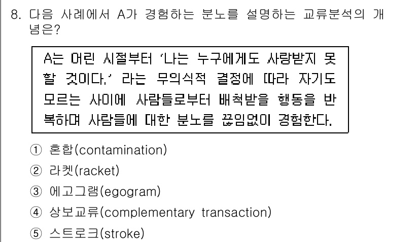 청소년상담사_2급(1교시)(구) 2017년 8번 - . 라켓(racket)

A의 경험은 누군가에 대한 사랑을 받을 가치가 ... 에 관한 핵심 기출문제