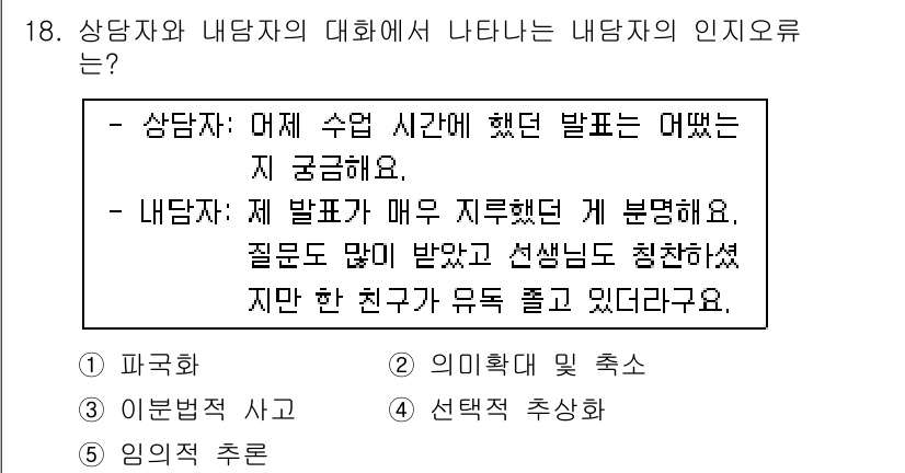 청소년상담사_2급(1교시) 2017년 18번 - 정답 4번은 내담자의 인지유형이 "선택적 주의"에 해당합니다. 내담자가 ... 에 관한 핵심 기출문제