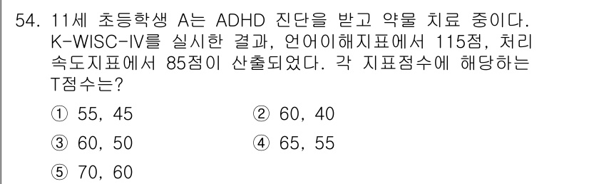 청소년상담사_2급(1교시) 2017년 54번 - 해당 문제에서 제시된 ADHD 진단과 K-WISC-IV 결과를 통해 학생... 에 관한 핵심 기출문제