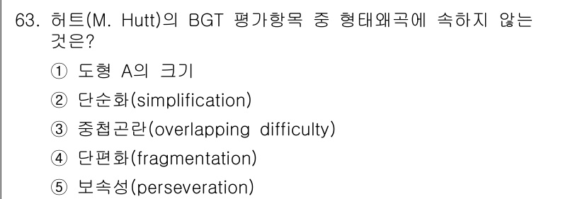 청소년상담사_2급(1교시) 2017년 63번 - BGT 평가항목 중 '형태왜곡'에 속하지 않는 것은 '기본적인 형태'인 ... 에 관한 핵심 기출문제