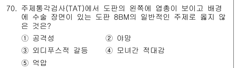 청소년상담사_2급(1교시) 2017년 70번 - 5번 '억압'은 TAT에서 주제가 되는 일반적인 감정이나 주제가 아니며,... 에 관한 핵심 기출문제