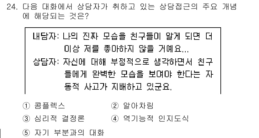 청소년상담사_2급(1교시)(구) 2018년 24번 - 정답 4는 상담자가 자신의 부정적 감정을 친구들에게 드러내는 모양을 설명... 에 관한 핵심 기출문제