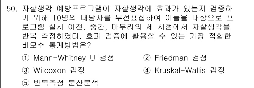 청소년상담사_2급(1교시)(구) 2018년 50번 - 문제는 자살 생각 예방 프로그램의 효과를 검증하기 위한 적절한 비모수 통... 에 관한 핵심 기출문제