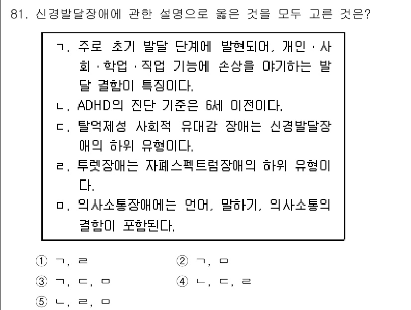 청소년상담사_2급(1교시)(구) 2018년 81번 - 신경발달장애는 다양한 발달적 특성을 포함하며, ADHD는 주의력 결핍과 ... 에 관한 핵심 기출문제