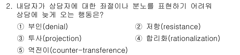 청소년상담사_2급(1교시) 2018년 2번 - 정답은 2번 '지항(resistance)'이다. 상담자는 내담자가 자신의... 에 관한 핵심 기출문제