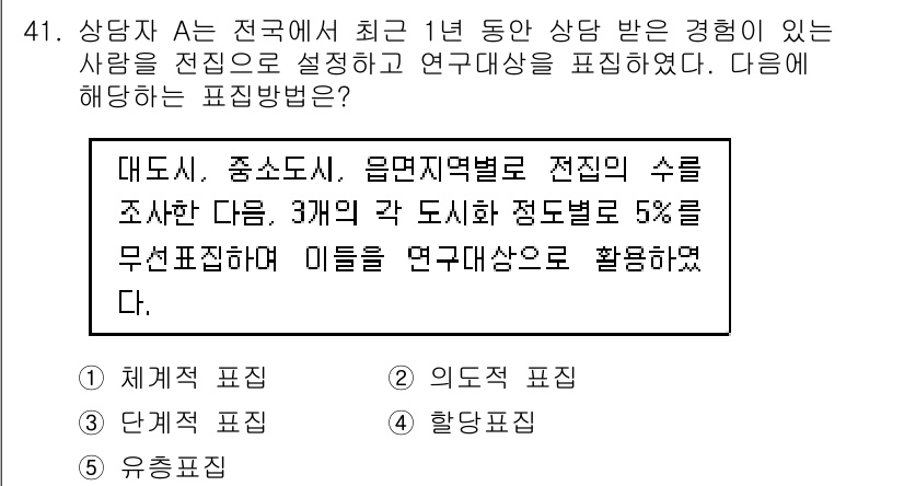 청소년상담사_2급(1교시) 2018년 41번 - 이 방법은 연구대상 표본을 선정할 때, 특정 도시의 다양한 특성을 고려하... 에 관한 핵심 기출문제