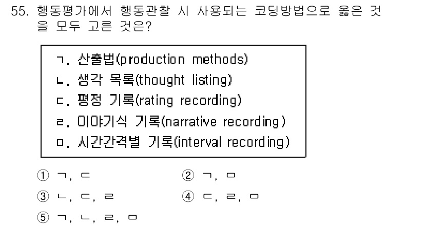 청소년상담사_2급(1교시) 2018년 55번 - 행동 평가에서 행동 관찰 시 코딩 방법으로 적합한 것은 '시간 간격 기록... 에 관한 핵심 기출문제