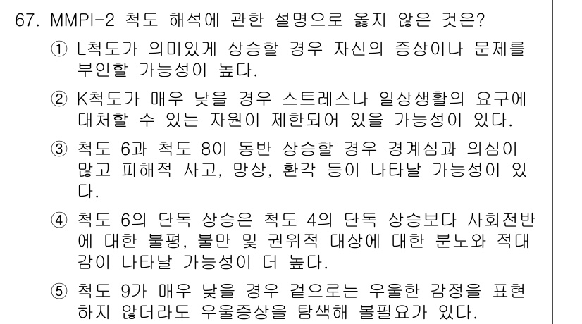 청소년상담사_2급(1교시) 2018년 67번 - MMPI-2의 6번 척도는 사회적 적응과 관련된 문제를 평가하며, "지정... 에 관한 핵심 기출문제