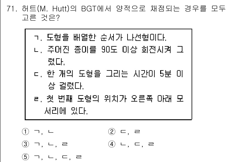 청소년상담사_2급(1교시) 2018년 71번 - BGT에서는 도형을 그릴 때 요구된 시간 제한이 있으며, 이 시간은 5분... 에 관한 핵심 기출문제