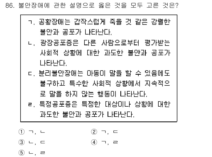 청소년상담사_2급(1교시) 2018년 86번 - 정답 4는 특목고와 특성화고의 상황에 대한 불안과 공포가 나타난다고 설명... 에 관한 핵심 기출문제