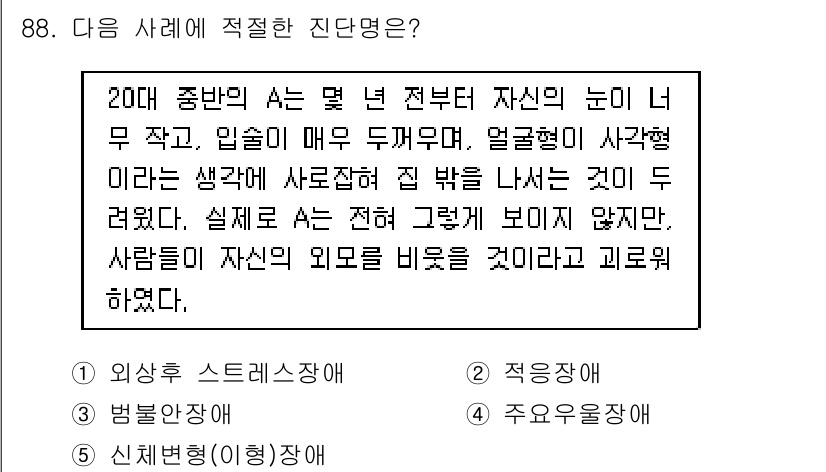 청소년상담사_2급(1교시) 2018년 88번 - 정답은 5번 '신체적(이형)장애'입니다. 본문에서 언급된 '자신의 눈이 ... 에 관한 핵심 기출문제