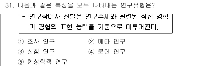 청소년상담사_2급(1교시)(구) 2019년 31번 - 정답 5번 '현상 적용 연구'는 특정 현상을 탐구하고 그 현상의 내부 구... 에 관한 핵심 기출문제