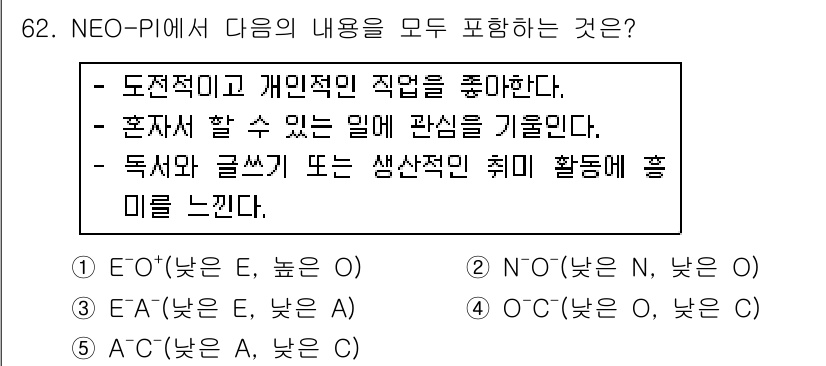 청소년상담사_2급(1교시)(구) 2019년 62번 - NEO-PI에서 E, O, A의 요소를 모두 포함하는 것은 1번입니다. ... 에 관한 핵심 기출문제