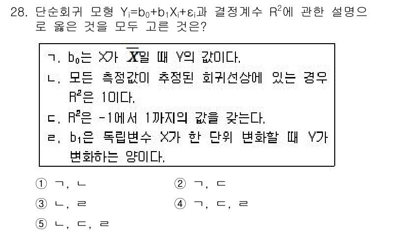 청소년상담사_2급(1교시) 2019년 28번 - 주어진 회귀 모델 \( Y_i = b_0 + b_1X_i + c \)는 ... 에 관한 핵심 기출문제