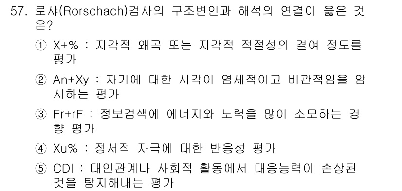 청소년상담사_2급(1교시) 2019년 57번 - Rorschach 검사에서 X+는 개인이 자극에 어떻게 반응하는지를 나타... 에 관한 핵심 기출문제
