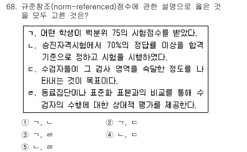 청소년상담사_2급(1교시) 2019년 68번 - 규준참조점수는 그룹 내 상대 평가를 통해 학생의 위치를 파악하는 데 사용... 에 관한 핵심 기출문제
