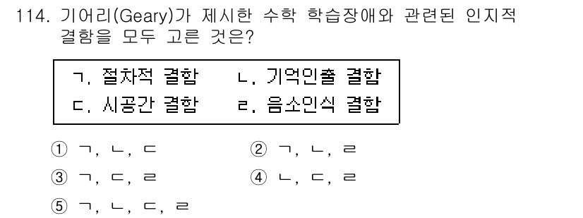 청소년상담사_2급(2교시)(구) 2015년 114번 - . 

Geary의 이론에 따르면, 수학적 학습장애는 주로 감각적, 시각... 에 관한 핵심 기출문제