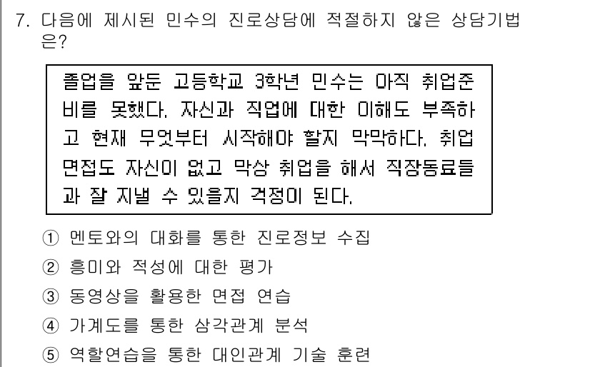 청소년상담사_2급(2교시)(구) 2015년 7번 - 정답 4번은 '격려 또는 상담을 통한 문제 해결 기법'으로, 개인의 문제... 에 관한 핵심 기출문제