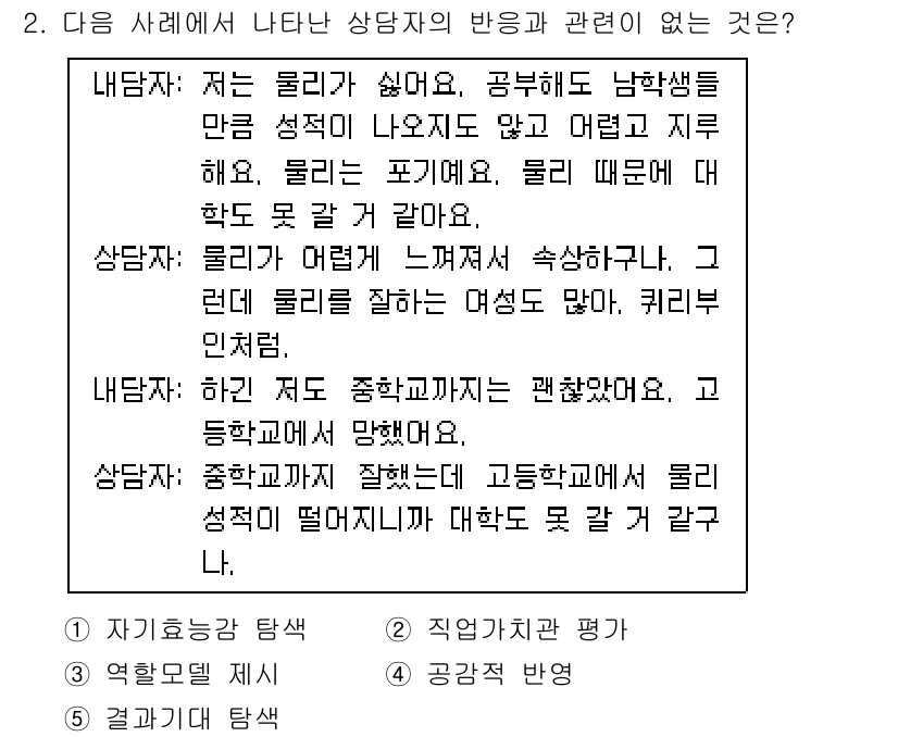청소년상담사_2급(2교시) 2015년 2번 - 상담자의 반응은 내담자의 감정과 경험을 충분히 이해하지 못하고 있으며, ... 에 관한 핵심 기출문제