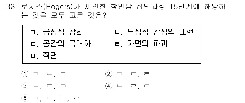 청소년상담사_2급(2교시) 2015년 33번 - 로저스가 제안한 참여적 집단 과정 15단계에서 부정적 감정의 표현은 참여... 에 관한 핵심 기출문제