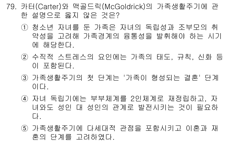 청소년상담사_2급(2교시) 2015년 79번 - 청소년 자녀를 둔 가족과 관련된 설명 중, 가족생활주기의 각 단계를 '가... 에 관한 핵심 기출문제