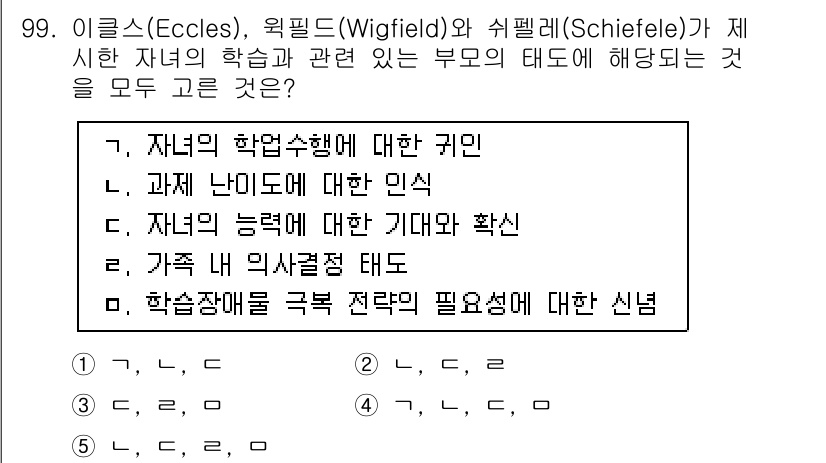 청소년상담사_2급(2교시) 2015년 99번 - 정답 4번은 부모의 태도와 관련된 질문으로, 자녀의 학업수행에 대한 부모... 에 관한 핵심 기출문제