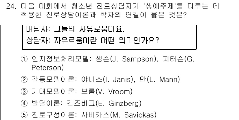 청소년상담사_2급(2교시)(구) 2016년 24번 - 정답 5번, 사비카스의 자아정체성 이론은 청소년의 자아와 자유로움을 강조... 에 관한 핵심 기출문제