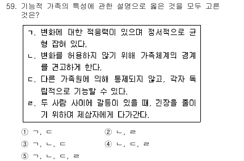 청소년상담사_2급(2교시)(구) 2016년 59번 - 해석에 따르면, 가족의 특성에 관한 설명 중 적절한 것들로는 변화를 허용... 에 관한 핵심 기출문제