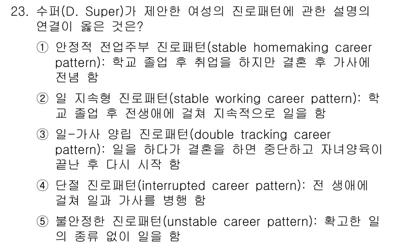 청소년상담사_2급(2교시) 2016년 23번 - 안정적 전업주부 진로패턴은 학업 졸업 후 결혼하여 가정생활에 집중하는 경... 에 관한 핵심 기출문제
