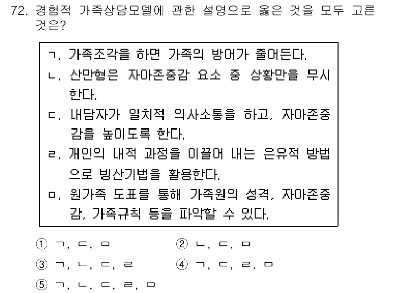 청소년상담사_2급(2교시) 2016년 72번 - 해당 문항에서 정답인 4번은 가족상담모델에서 가족의 특성과 자아존중감을 ... 에 관한 핵심 기출문제