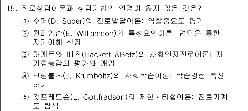 청소년상담사_2급(2교시)(구) 2017년 18번 - 5. 갓트프레스(G. Gottfredson)의 제한-타협이론은 진로 발전... 에 관한 핵심 기출문제