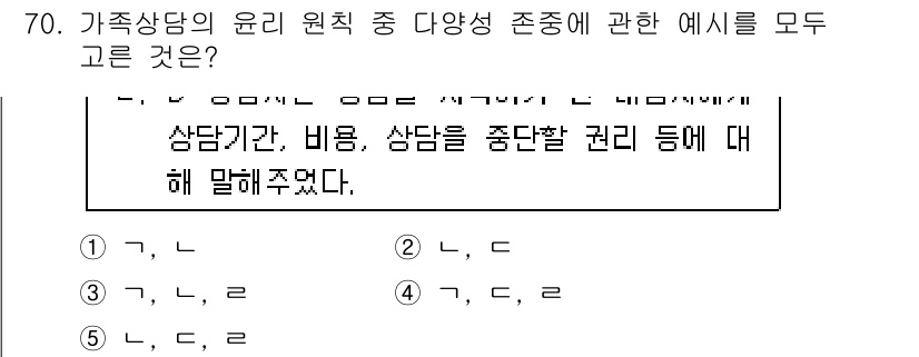 청소년상담사_2급(2교시)(구) 2017년 70번 - 가족 상담의 윤리 원칙 중 다양한 존중 성에 관한 예시는 상담자의 전문성... 에 관한 핵심 기출문제