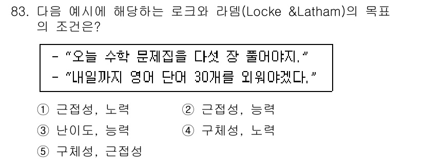 청소년상담사_2급(2교시)(구) 2017년 83번 - 로크와 라담의 목표 설정 이론에 따르면, 목표는 구체적이고 측정 가능해야... 에 관한 핵심 기출문제