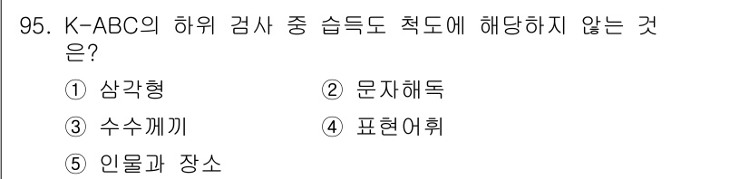 청소년상담사_2급(2교시)(구) 2017년 95번 - . 인물과 장소

K-ABC의 하위 검사인 '감사'는 지능의 다양한 측면... 에 관한 핵심 기출문제