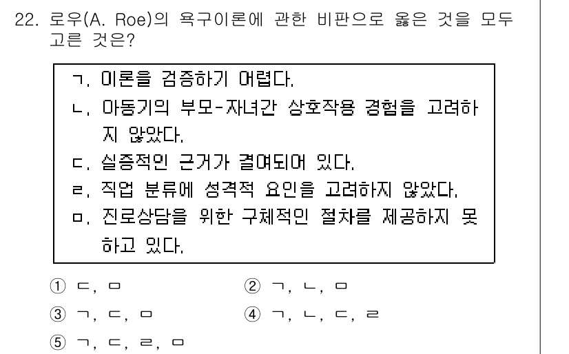 청소년상담사_2급(2교시) 2017년 22번 - 로우(A. Roe)의 욕구이론에서 비판적으로 바라볼 수 있는 점은 과도한... 에 관한 핵심 기출문제