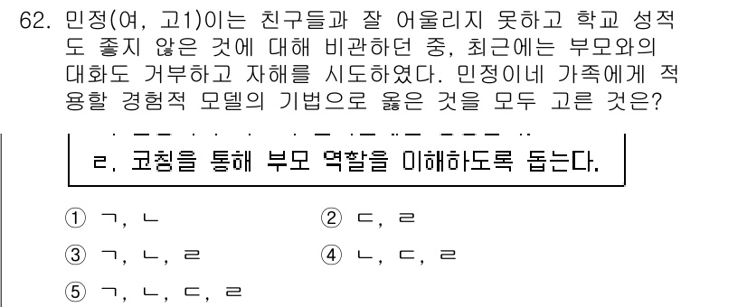 청소년상담사_2급(2교시) 2017년 62번 - 민정이는 친구들과의 관계에서 어려움을 겪고 있으며, 부모의 대화 방식이 ... 에 관한 핵심 기출문제