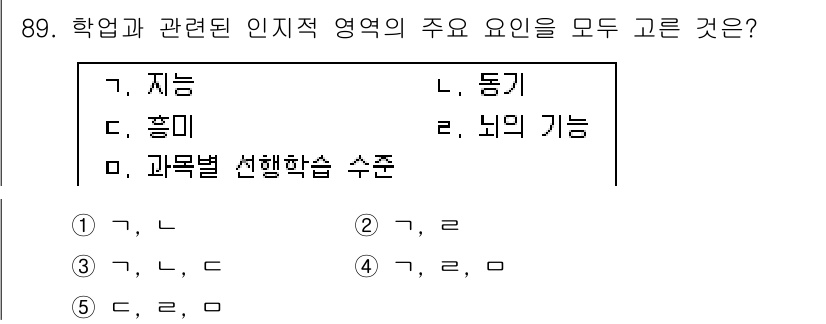 청소년상담사_2급(2교시) 2017년 89번 - 학업과 관련된 인지적 영역에는 지능, 흥미, 동기, 그리고 학습 수준이 ... 에 관한 핵심 기출문제