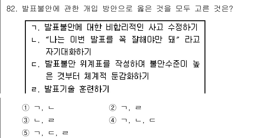 청소년상담사_2급(2교시)(구) 2018년 82번 - **해설:** "나는 이번 발표를 꼭 잘해야만 돼"라는 자기대화는 부정적... 에 관한 핵심 기출문제