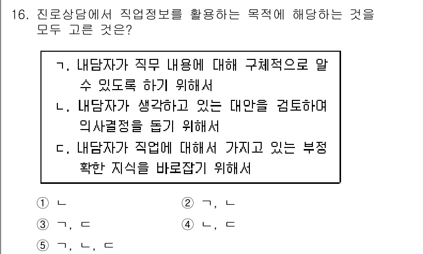 청소년상담사_2급(2교시) 2018년 16번 - 직업 상담에서는 내담자가 자신의 직업 내용을 명확히 이해하고, 자신의 생... 에 관한 핵심 기출문제