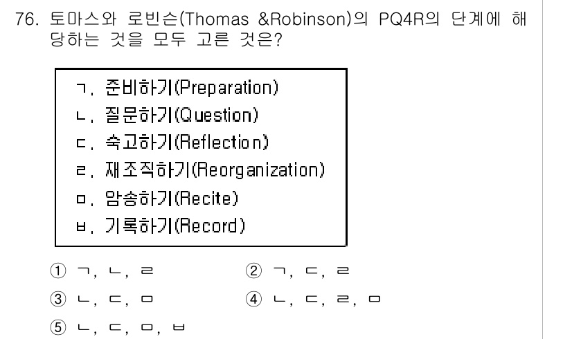 청소년상담사_2급(2교시) 2018년 76번 - PQ4R은 학습자의 능동적 참여를 통해 정보를 효과적으로 기억하고 이해하... 에 관한 핵심 기출문제