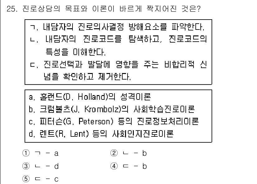 청소년상담사_2급(2교시)(구) 2019년 25번 - 진로상담의 목적은 개인의 적성과 흥미를 파악하여 적합한 진로를 안내하는 ... 에 관한 핵심 기출문제