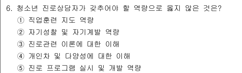 청소년상담사_2급(2교시)(구) 2019년 6번 - 청소년 상담사가 갖추어야 할 역할 중 "진로프로그램 실시 및 개발 역량"... 에 관한 핵심 기출문제
