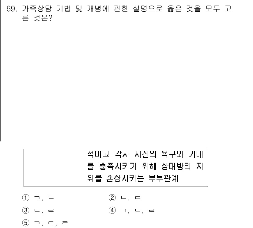 청소년상담사_2급(2교시)(구) 2019년 69번 - 가족상담 기법은 개인의 욕구와 기대를 이해하고 조정하는 데 중점을 둡니다... 에 관한 핵심 기출문제