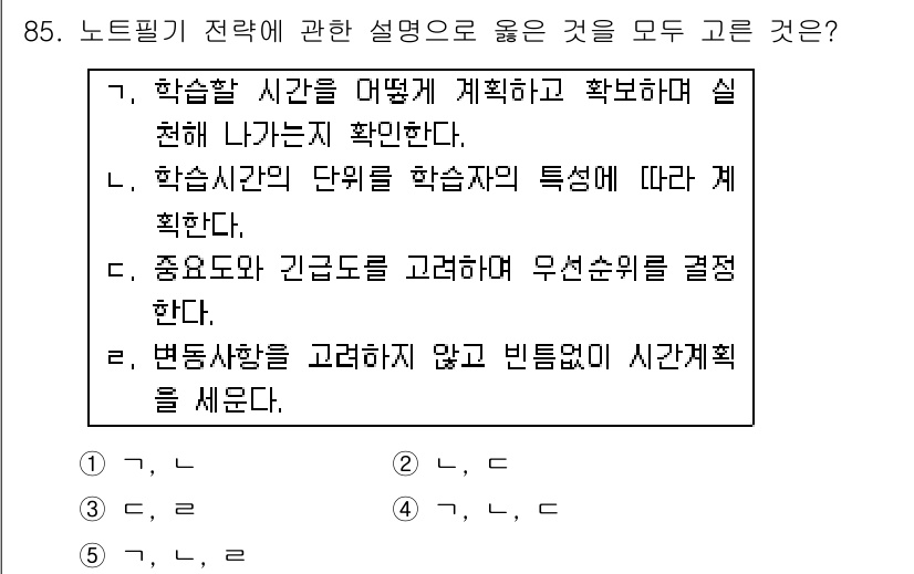 청소년상담사_2급(2교시)(구) 2019년 85번 - . 

노트 필기 전략에서 중요한 것은 학습자의 상황과 필요를 반영한 시... 에 관한 핵심 기출문제